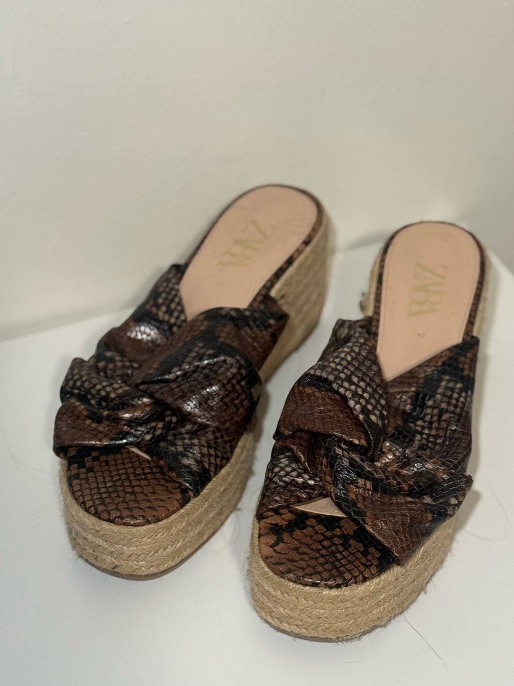 Zara Brown & Black Snake-Print Espadrille Platform Wedge Slides Size 41 Woman